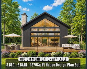 Modern Black Cabin House Plan | 3 Bed, 2 Bath, 1370 Sq Ft (Digital Download)