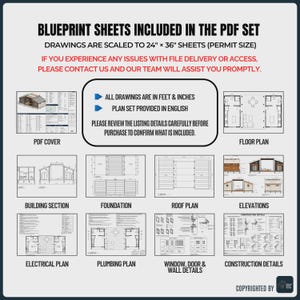 May include: A digital PDF blueprint set for a building project, featuring 24" x 36" scaled sheets. The document includes a cover, floor plan, building section, foundation, roof plan, elevations, electrical plan, plumbing plan, and construction details.