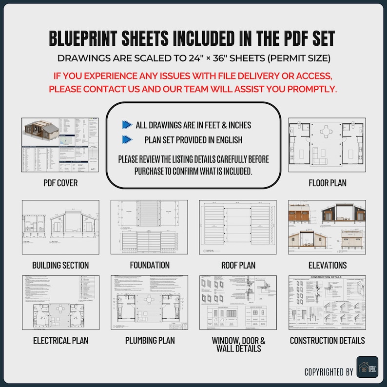 May include: A digital PDF blueprint set for a building project, featuring 24" x 36" scaled sheets. The document includes a cover, floor plan, building section, foundation, roof plan, elevations, electrical plan, plumbing plan, and construction details.