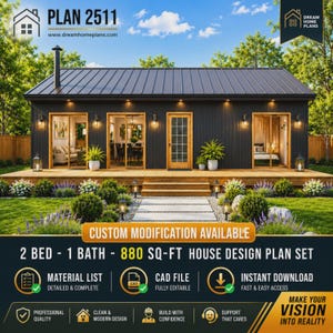 Op de afbeelding: Een huisontwerpplan voor een woning van 880 vierkante voet met 2 slaapkamers en 1 badkamer. De afbeelding toont een zwart exterieur met een metalen dak, houten terras en glazen schuifdeuren. Tekst bevat PLAN 2511, CUSTOM MODIFICATION AVAILABLE en iconen.