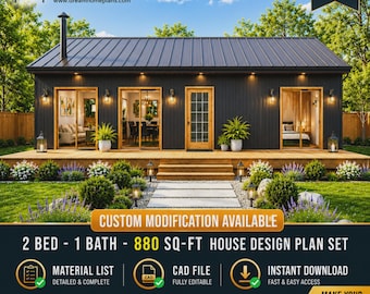 Modern Cabin House Plan | 880 Sq Ft, 2 Bed, 1 Bath Architectural (Digital Download)