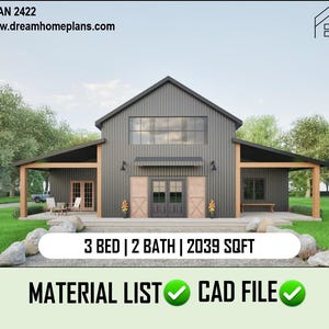 Luxe moderne boerderij Barndominium, bouwklaar volledig plan, 3 slaapkamers, 2 badkamers, aanpasbare blauwdrukken, downloadbare plattegronden-CAD-bestand