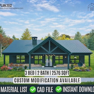 Plattegrond Craftsman Ranch House: 2576 m² Architectonische blauwdrukken Ft Cottage (digitale download)