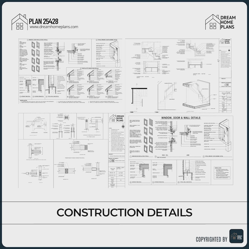 May include: Architectural blueprint with detailed construction details, including window, door, and wall specifications. The plan features diagrams and text, with the text "CONSTRUCTION DETAILS" at the bottom. The Dream Home Plans logo is visible.