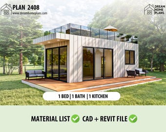 Peut inclure: Une maison moderne blanche avec un toit plat et une petite terrasse. La maison a de grandes fenêtres et une balustrade en verre sur le toit. La maison est entourée d'herbe verte et d'arbres. Le texte sur l'image indique "PLAN 2408", "www.dreamhomeplans.com", "1 BED | 1 BATH | 1 KITCHEN", "MATERIAL LIST", "CAD + REVIT FILE", "DREAM HOME PLANS".