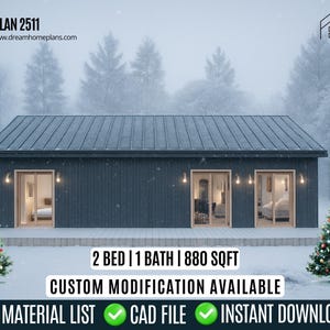 Planos de cabaña moderna: Casa pequeña de 880 pies cuadrados, 2 habitaciones, plano arquitectónico (descarga digital)