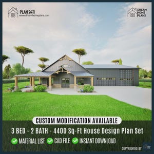 Farmhouse Barndominium Plan 3-Car Garage | Wraparound Porch Custom House Plan (Digital Download)