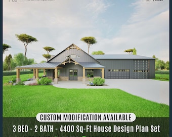 Farmhouse Barndominium Plan 3-Car Garage | Wraparound Porch Custom House Plan (Digital Download)