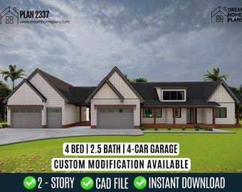Luxurious 4-Bedroom Modern Country House Plan with 4-Car Garage (PDF)
