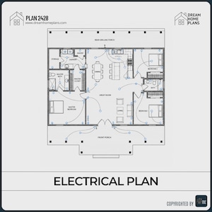 May include: An electrical plan for a house, featuring a detailed layout of rooms including bedrooms, a kitchen, and a living area. The plan includes wiring diagrams and labels for each room. The text "ELECTRICAL PLAN" is displayed at the bottom.