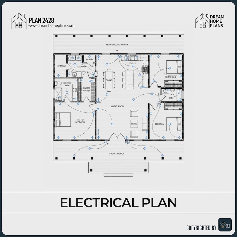 May include: An electrical plan for a house, featuring a detailed layout of rooms including bedrooms, a kitchen, and a living area. The plan includes wiring diagrams and labels for each room. The text "ELECTRICAL PLAN" is displayed at the bottom.