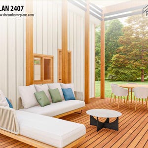 May include: An outdoor patio featuring a wooden deck with a sectional sofa, a round coffee table with a black base, and a dining set with a round table and four chairs. The text PLAN 2407 and DREAM HOME PLANS are visible in the top corners.