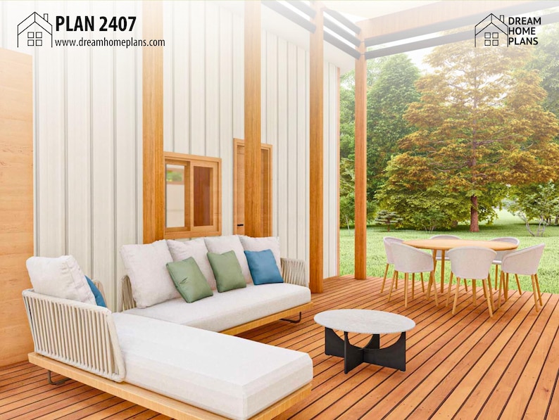 May include: An outdoor patio featuring a wooden deck with a sectional sofa, a round coffee table with a black base, and a dining set with a round table and four chairs. The text PLAN 2407 and DREAM HOME PLANS are visible in the top corners.