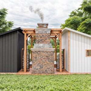 May include: A structure featuring a central brick fireplace with smoke rising, flanked by two shed-style buildings. The left building has dark gray vertical siding, while the right building has white vertical siding. Both have small square windows.