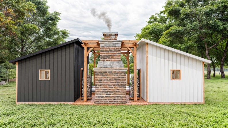 May include: A structure featuring a central brick fireplace with smoke rising, flanked by two shed-style buildings. The left building has dark gray vertical siding, while the right building has white vertical siding. Both have small square windows.