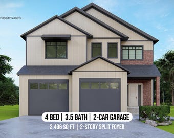 Stylish 2-Story Split Foyer House Plan, 4 Beds, 3.5 Baths, Open-Plan Living, 2-Car Garage, Lower Level Family Room Design