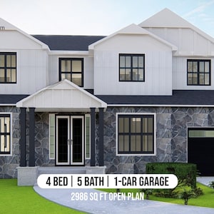 May include: A two-story white house with a stone facade and a black roof. The house has a one-car garage and a large front yard. The text on the image reads: "Plan 2332 | dreamhomeplans.com | 4 BED | 5 BATH | 1-CAR GARAGE | 2986 SQ FT OPEN PLAN".