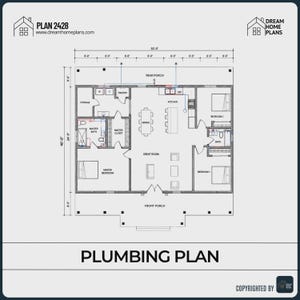 May include: A detailed plumbing plan for a house, labeled "PLAN 2428" with dimensions in feet and inches. The layout includes rooms like the kitchen, bedrooms, and bathrooms, with plumbing fixtures indicated. The text "PLUMBING PLAN" is at the bottom.