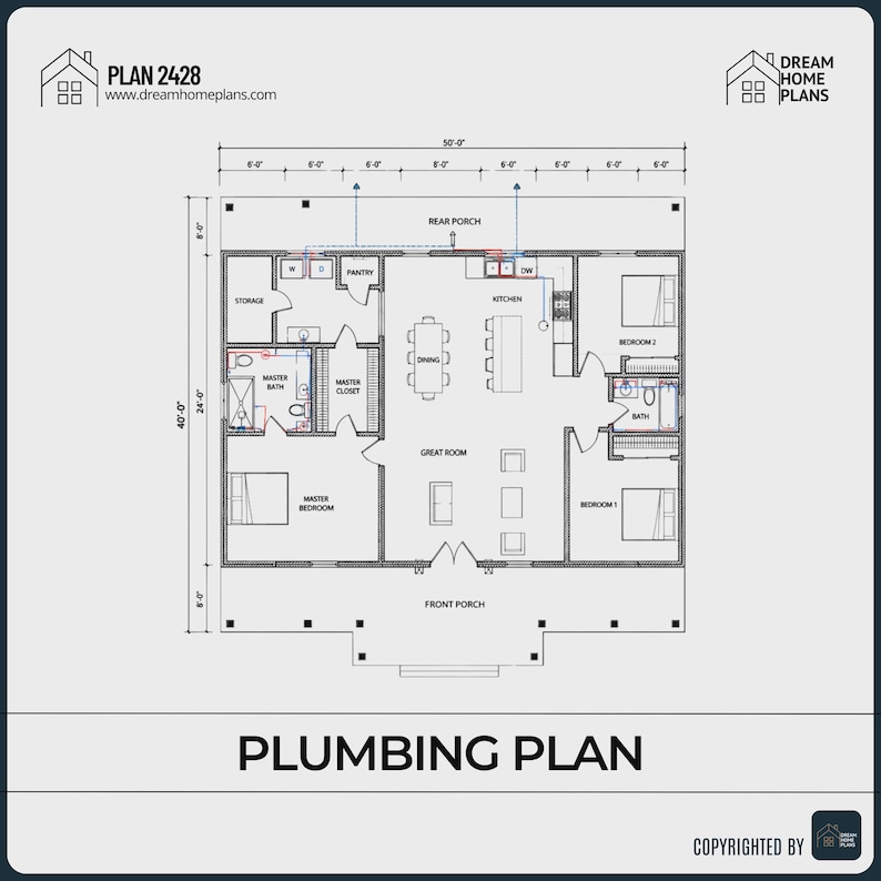 May include: A detailed plumbing plan for a house, labeled "PLAN 2428" with dimensions in feet and inches. The layout includes rooms like the kitchen, bedrooms, and bathrooms, with plumbing fixtures indicated. The text "PLUMBING PLAN" is at the bottom.
