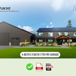 Barndominium Floor Plans  4 Bedroom  3 Bath Toy Garage Luxury Black Barndo Rustic Metal Siding Greenhouse, Best USA Barndominium