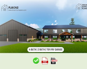 Planos de Barndominium de 4 habitaciones: Garaje para juguetes, revestimiento metálico rústico (Descarga digital)