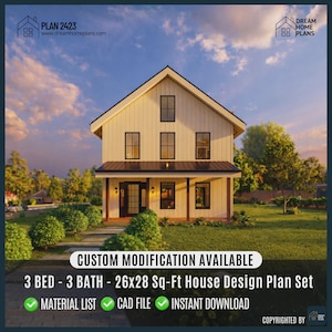 Moderne Bauernhaus Plan 3 Schlafzimmer, 3 Badezimmer | Custom House Plans Blaudruck (Digitaler Download)