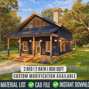 May include: A digitally rendered image of a modern, dark-colored house with a porch and a chimney. The house has a gable roof and multiple windows. Text on the image reads: "3 BED | 2 BATH | 800 SQFT" and "CUSTOM MODIFICATION AVAILABLE".