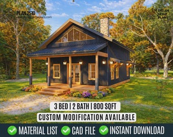 Modern Small Cabin House Plans with Loft | 3 Bed, 2 Bath, 800 Sq-Ft (PDF Download)