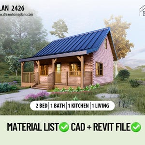 Plattegronden Tiny Cabin, 20 x 26, moderne cottage plattegronden, 1 slaapkamer. Plattegronden kleine huizen, moderne huispannen, pdf-blauwdruk huisjesplattegronden (CAD)