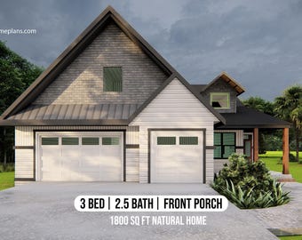 Charming 3-Bedroom Homestead House Plan - 2.5 Baths, Office, Open Living, Front Porch, Natural Light Home - PDF Download