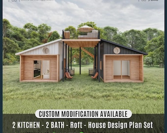 May include: Architectural rendering of a modern house design plan. The design features two separate structures connected by a wooden deck and stairs. The text on the image says "2 Kitchen - 2 Bath - Roft - House Design Plan Set".