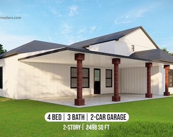 Può includere: Una casa colonica bianca a due piani con un portico coperto e un garage per due auto. La casa ha un tetto nero e finiture nere intorno alle finestre. Il testo "Plan 236 dreamhomeplans.com" è nell'angolo in alto a sinistra dell'immagine. Il testo "4 BED | 3 BATH | 2-CAR GARAGE" è al centro in basso dell'immagine. Il testo "2-STORY | 2498 SQ FT" è al centro in basso dell'immagine. Il testo "DREAM HOME PLANS" è nell'angolo in alto a destra dell'immagine.