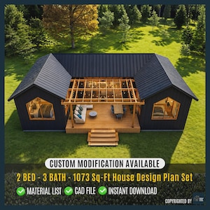 Pode incluir: Uma representação arquitetônica de um design de casa moderno. A casa preta apresenta um deck de madeira, uma pérgola e um telhado escuro. O texto diz "CUSTOM MODIFICATION AVAILABLE" e "2 QUARTOS - 3 BANHEIROS - 99.69 m² Conjunto de plantas de design de casa".