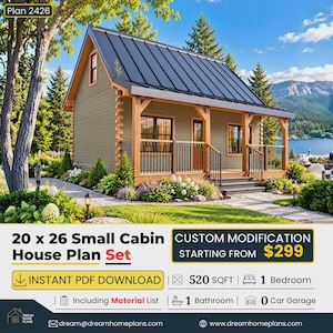 20' x 26' Modern Cabin House Plans – 520 SF, 1 Bed 1 Bath (PDF Download)