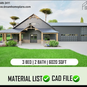 Moderne, op boerderij geïnspireerde plattegrond van Barndominium met rondom overdekte veranda, 3 extra grote autogarage, rustiek charme modern ontwerp voor schuur