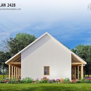 May include: A white house with a gabled roof and a porch supported by wooden columns. The house has a small window and is surrounded by green grass, trees, and colorful flowers. The text "PLAN 2428" and "www.dreamhomeplans.com" are visible.