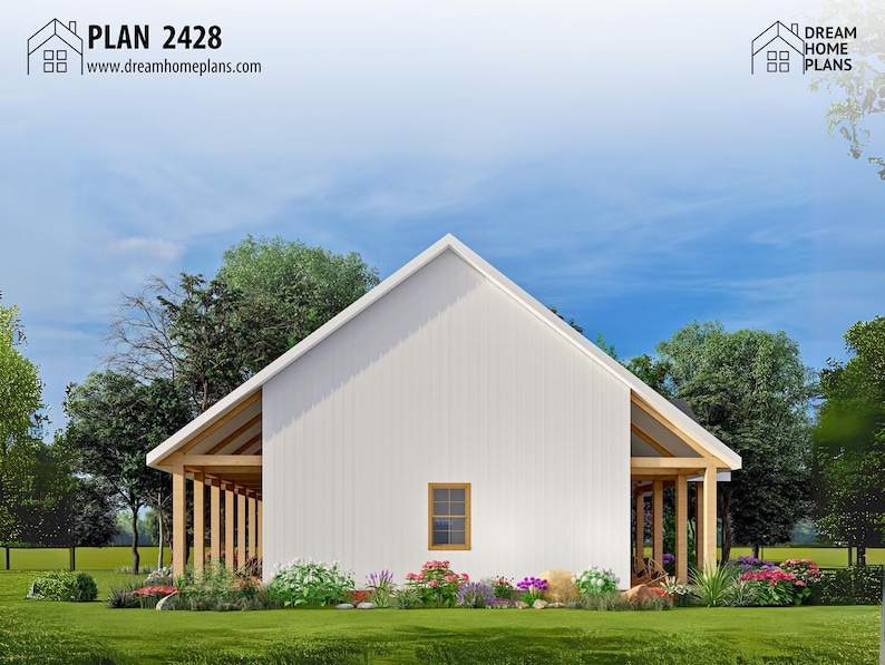 May include: A white house with a gabled roof and a porch supported by wooden columns. The house has a small window and is surrounded by green grass, trees, and colorful flowers. The text "PLAN 2428" and "www.dreamhomeplans.com" are visible.