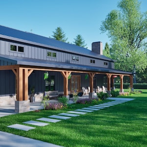 May include: A modern farmhouse with a large covered porch and a gray exterior. The house has a metal roof and large windows. The porch has wooden beams and posts. The house is surrounded by a green lawn and trees.