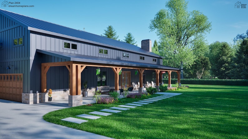 May include: A modern farmhouse with a large covered porch and a gray exterior. The house has a metal roof and large windows. The porch has wooden beams and posts. The house is surrounded by a green lawn and trees.
