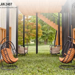 May include: A modern architectural design labeled PLAN 2407 and www.dreamhomeplans.com featuring a covered outdoor space with two black metal hanging egg chairs with orange cushions, two beige armchairs, and a wooden staircase leading upward.