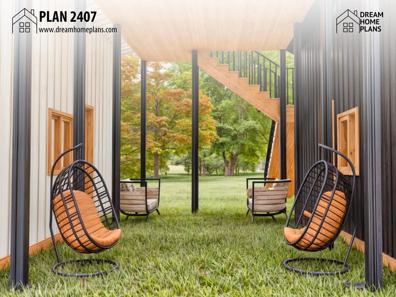 May include: A modern architectural design labeled PLAN 2407 and www.dreamhomeplans.com featuring a covered outdoor space with two black metal hanging egg chairs with orange cushions, two beige armchairs, and a wooden staircase leading upward.