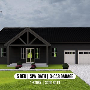 Moderne zwarte plattegrond van het Barndo-huis: 5 slaapkamers, garage voor 3 auto's, open plattegrond, pdf-download - Luxury Barndominium Design