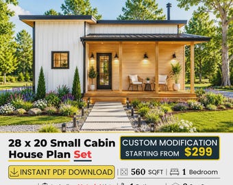 Modern Tiny Cabin House Plans | 560 Sq-Ft, 1 Bed, 1 Bath Design (Digital Download)
