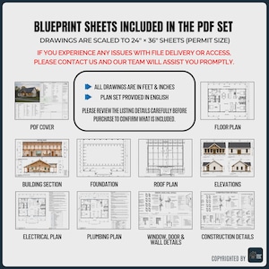 May include: A digital set of architectural blueprints, including floor plans, elevations, and sections. The drawings are scaled to 24" x 36" sheets and provided in English. The PDF set includes various views such as roof plans and electrical plans.
