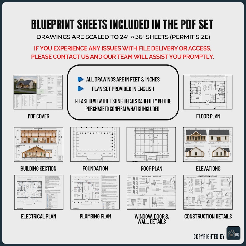 May include: A digital set of architectural blueprints, including floor plans, elevations, and sections. The drawings are scaled to 24" x 36" sheets and provided in English. The PDF set includes various views such as roof plans and electrical plans.