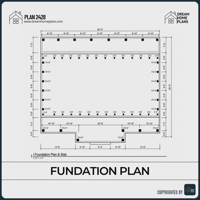 May include: A black and white foundation plan with dimensions and measurements. The plan includes the text "PLAN 2428" and "FUNDATION PLAN". The website address "www.dreamhomeplans.com" is also visible.
