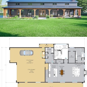 May include: A floor plan for a house with a large porch, a kitchen, a dining room, a family room, a laundry room, a powder room, and an owner's suite. The house has a 1-car garage and a 2-car garage. The floor plan is labeled "Ground Floor Plan".