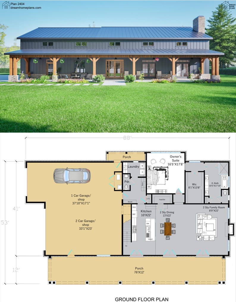 May include: A floor plan for a house with a large porch, a kitchen, a dining room, a family room, a laundry room, a powder room, and an owner's suite. The house has a 1-car garage and a 2-car garage. The floor plan is labeled "Ground Floor Plan".