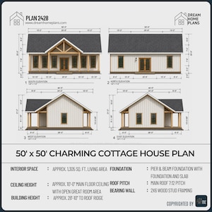 May include: Architectural house plan labeled "Plan 2428" with four elevation views of a charming cottage. The plan includes dimensions, interior space, ceiling height, and building height. The house is 50' x 50'.