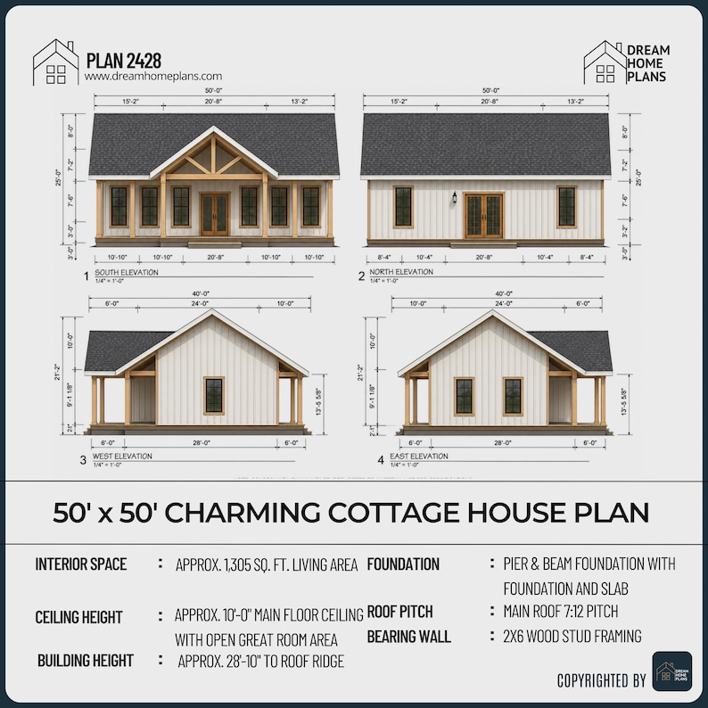 May include: Architectural house plan labeled "Plan 2428" with four elevation views of a charming cottage. The plan includes dimensions, interior space, ceiling height, and building height. The house is 50' x 50'.